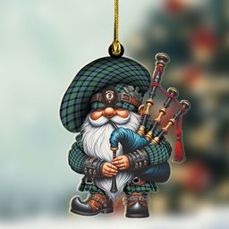 ScotsTee Shop Scottish Melville Crest Tartan Bagpiper Gnome, Scottish Gnome with Bagpipes Ornament