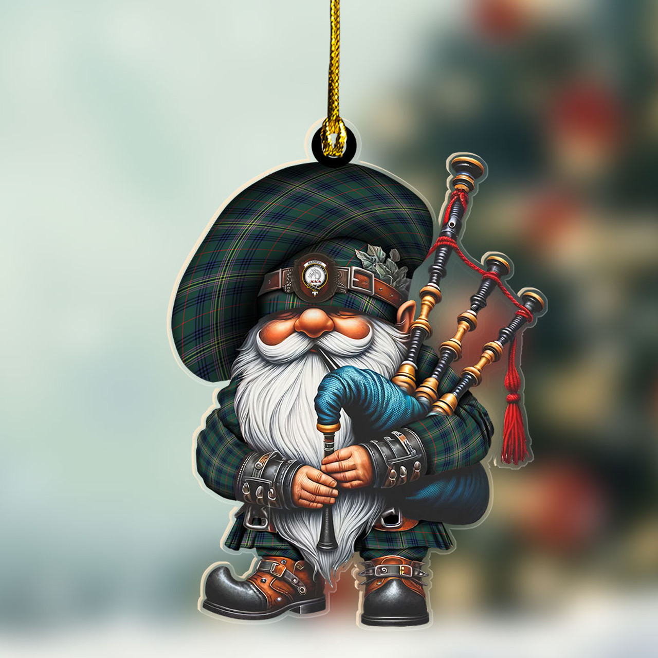 ScotsTee Shop Scottish Kennedy Crest Tartan Bagpiper Gnome, Scottish Gnome with Bagpipes Ornament