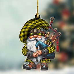 ScotsTee Shop Scottish MacLeod of Lewis Crest Tartan Bagpiper Gnome, Scottish Gnome with Bagpipes Ornament