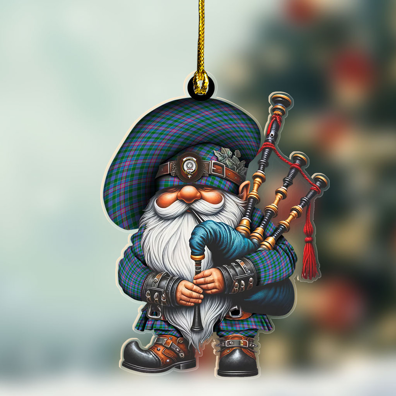 ScotsTee Shop Scottish Pitcairn Crest Tartan Bagpiper Gnome, Scottish Gnome with Bagpipes Ornament