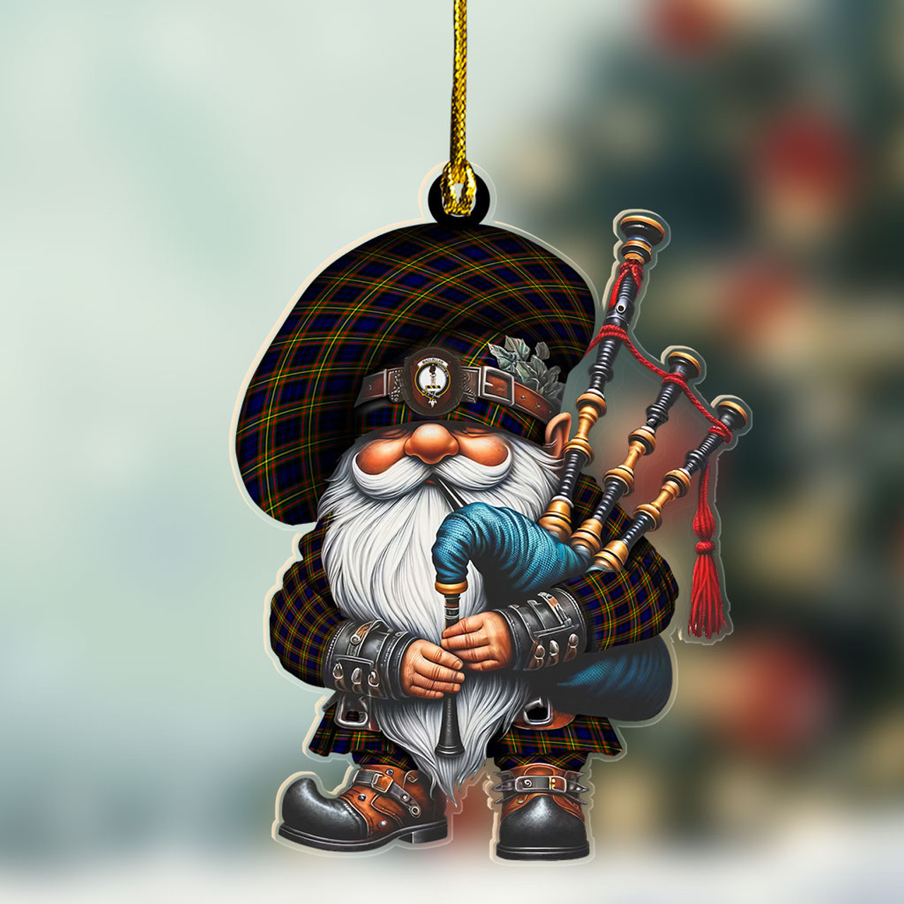 ScotsTee Shop Scottish MacLellan Crest Tartan Bagpiper Gnome, Scottish Gnome with Bagpipes Ornament
