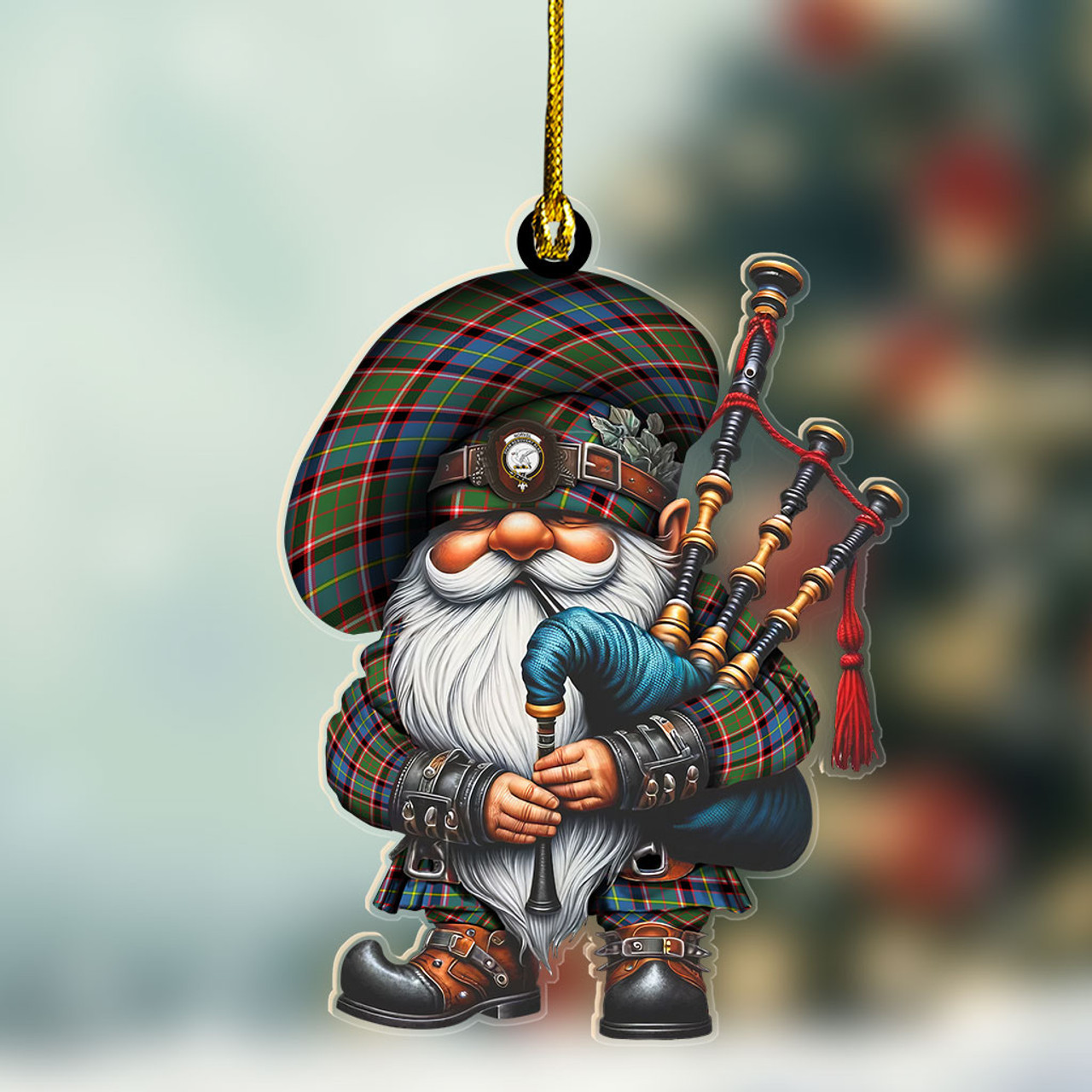 ScotsTee Shop Scottish Norvel Crest Tartan Bagpiper Gnome, Scottish Gnome with Bagpipes Ornament