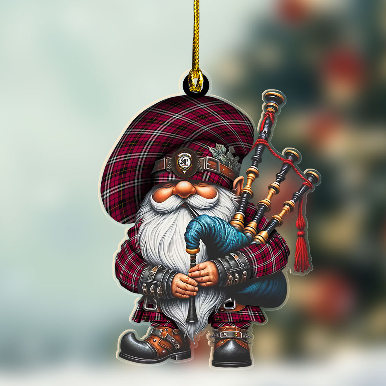 ScotsTee Shop Scottish Little Crest Tartan Bagpiper Gnome, Scottish Gnome with Bagpipes Ornament