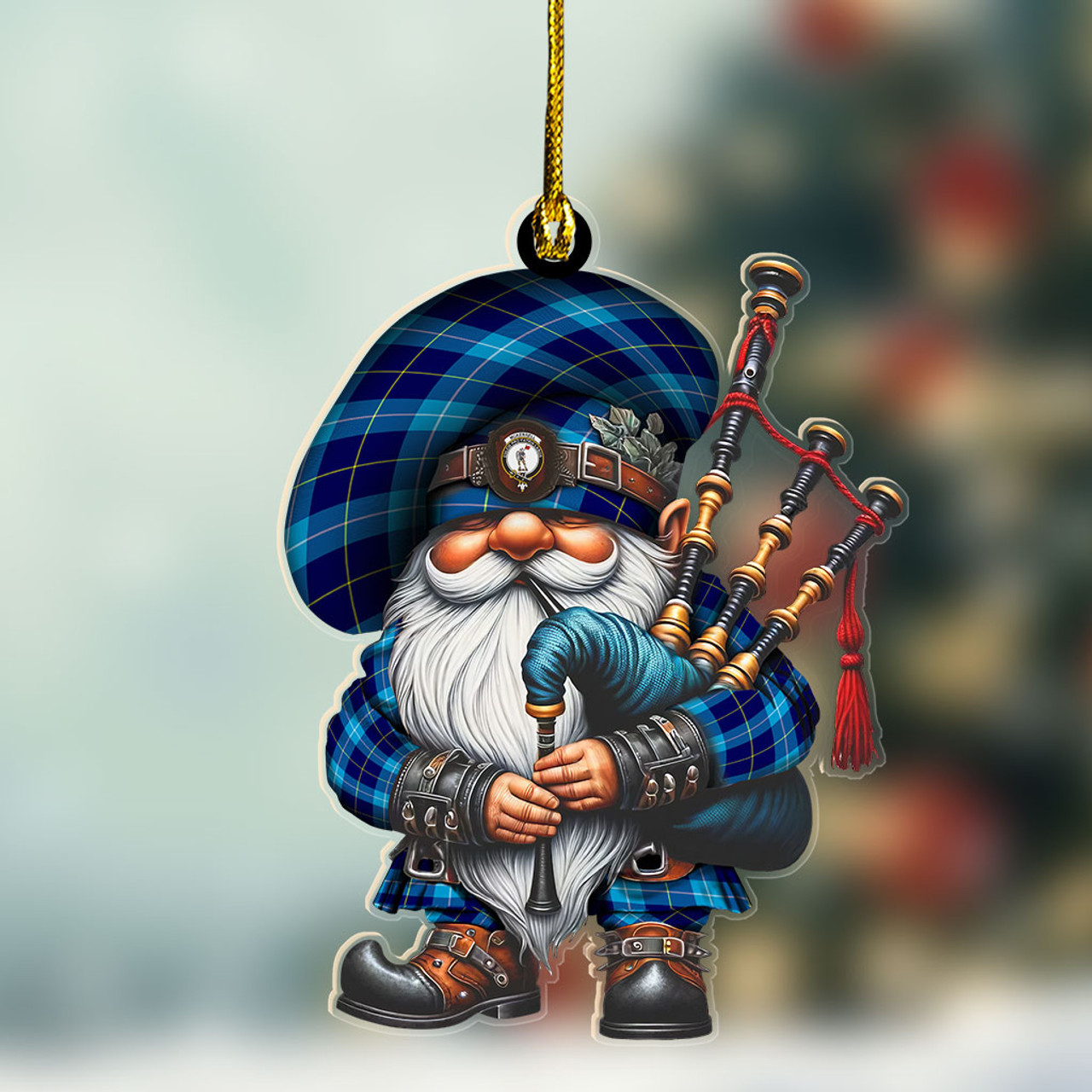 ScotsTee Shop Scottish McKerrell Crest Tartan Bagpiper Gnome, Scottish Gnome with Bagpipes Ornament