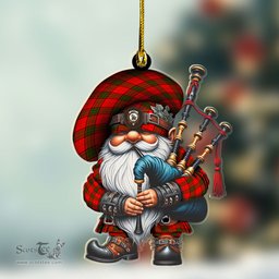 ScotsTee Shop Scottish Maxwell Crest Tartan Bagpiper Gnome, Scottish Gnome with Bagpipes Ornament