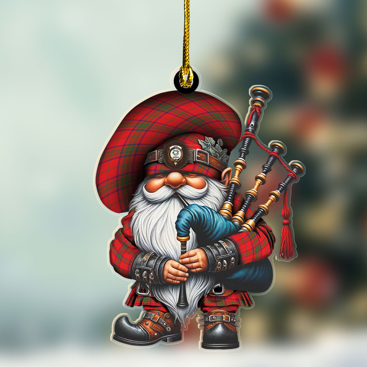 ScotsTee Shop Scottish Ross Crest Tartan Bagpiper Gnome, Scottish Gnome with Bagpipes Ornament