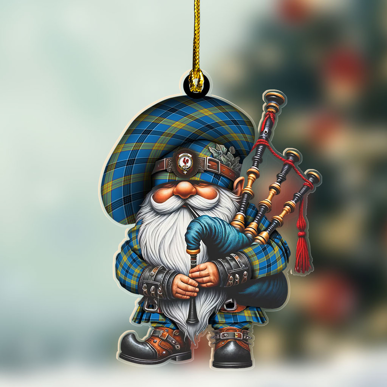 ScotsTee Shop Scottish Laing Crest Tartan Bagpiper Gnome, Scottish Gnome with Bagpipes Ornament