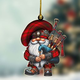 ScotsTee Shop Scottish MacDowall (of Garthland) Crest Tartan Bagpiper Gnome, Scottish Gnome with Bagpipes Ornament