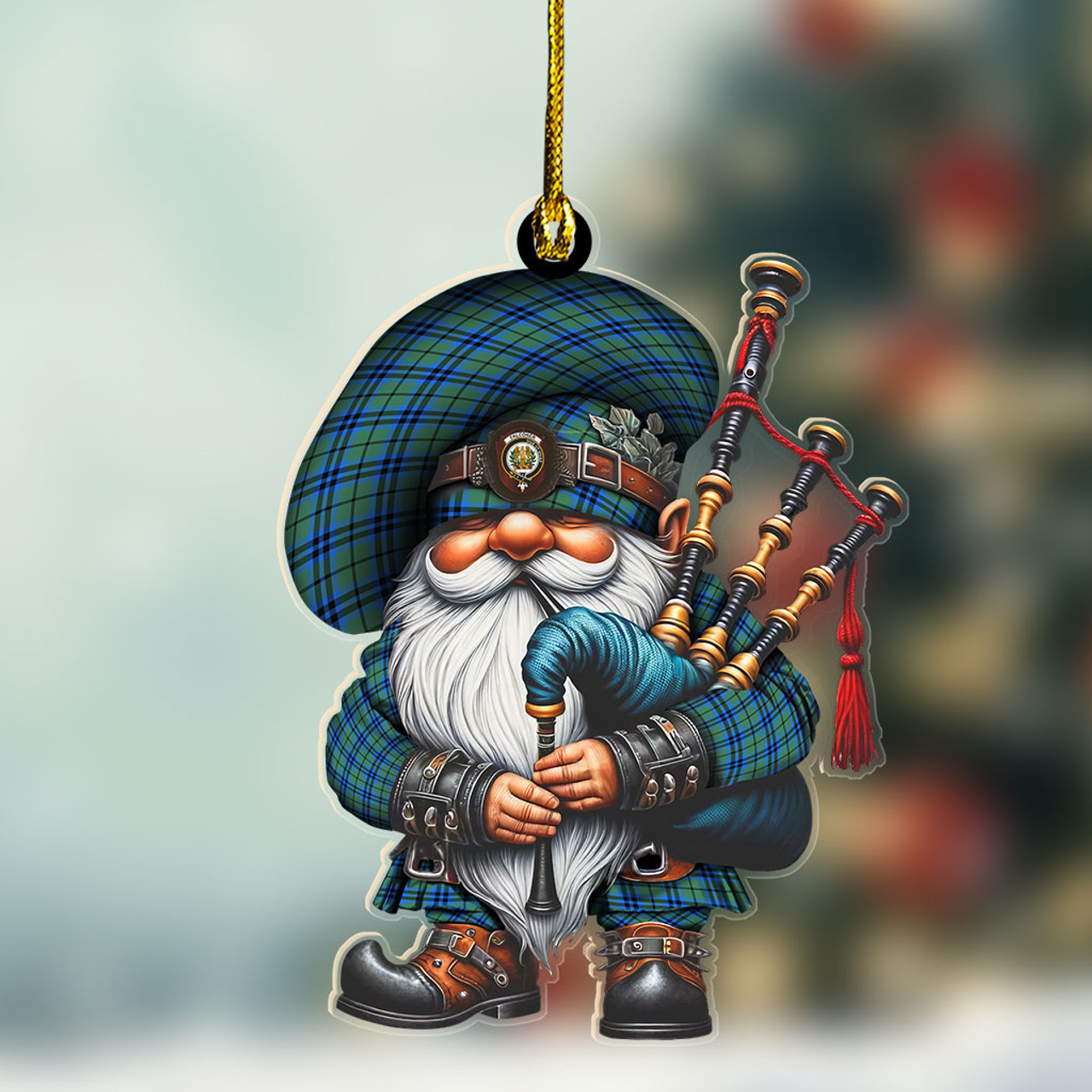 ScotsTee Shop Scottish Falconer Crest Tartan Bagpiper Gnome, Scottish Gnome with Bagpipes Ornament
