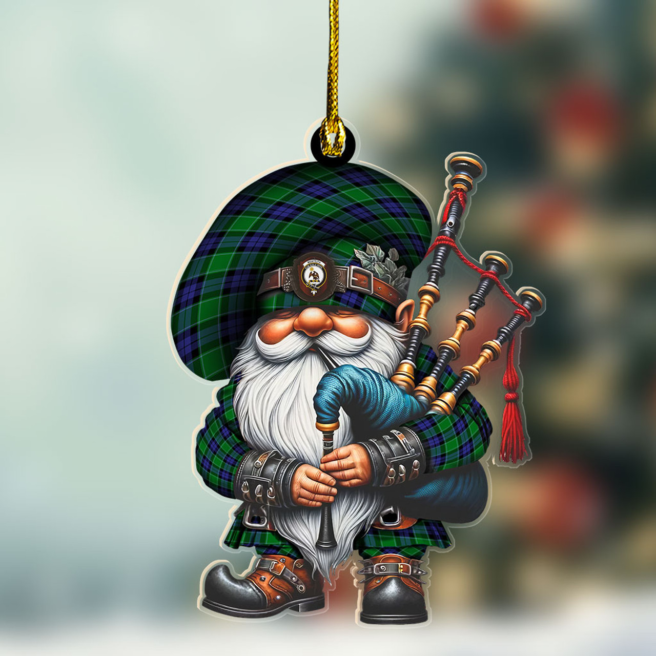 ScotsTee Shop Scottish Monteith Crest Tartan Bagpiper Gnome, Scottish Gnome with Bagpipes Ornament