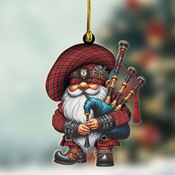 ScotsTee Shop Scottish Sinclair Crest Tartan Bagpiper Gnome, Scottish Gnome with Bagpipes Ornament