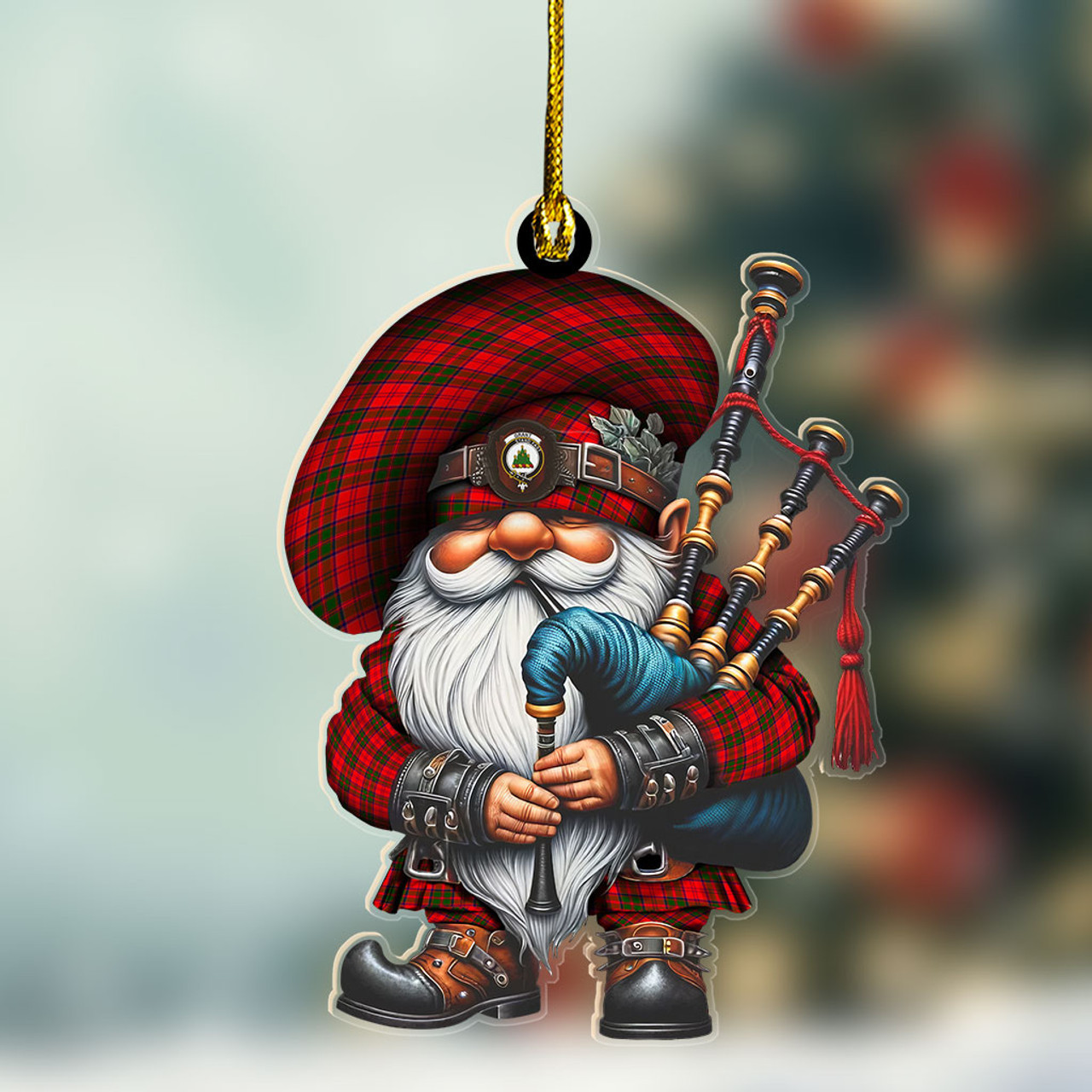 ScotsTee Shop Scottish Grant Crest Tartan Bagpiper Gnome, Scottish Gnome with Bagpipes Ornament