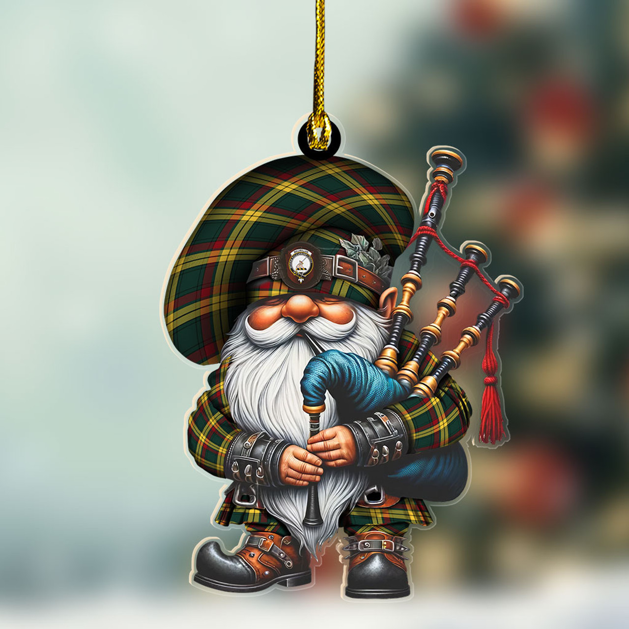 ScotsTee Shop Scottish MacMillan Crest Tartan Bagpiper Gnome, Scottish Gnome with Bagpipes Ornament