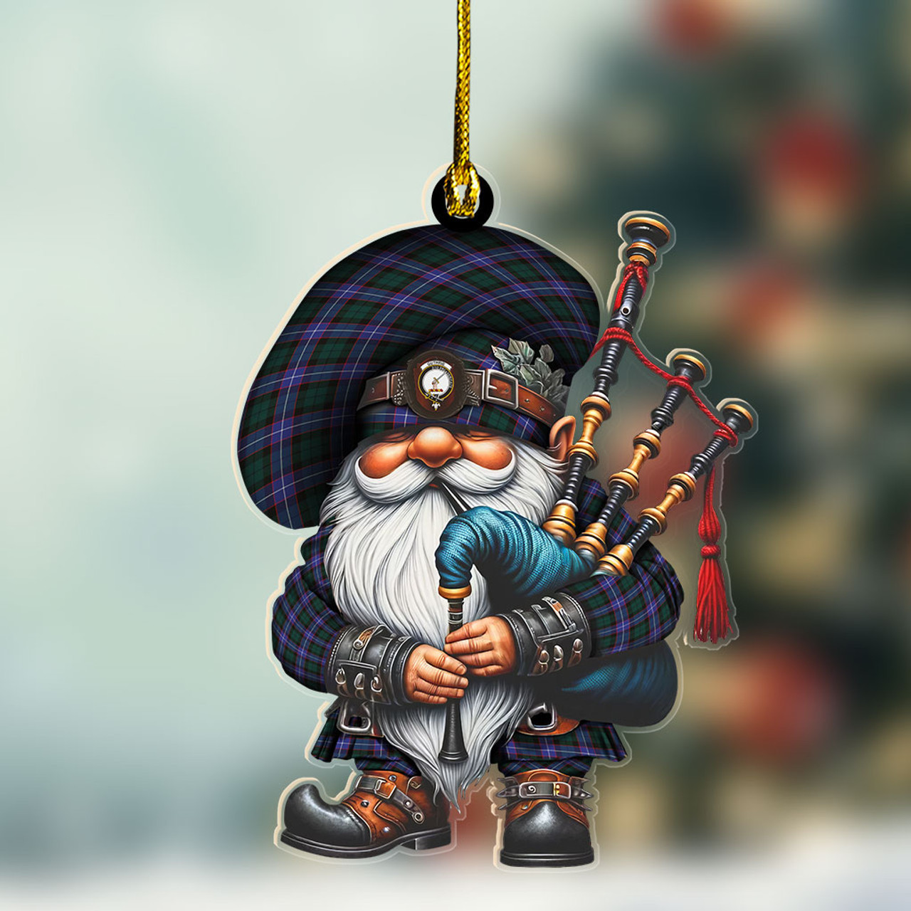 ScotsTee Shop Scottish Guthrie Crest Tartan Bagpiper Gnome, Scottish Gnome with Bagpipes Ornament