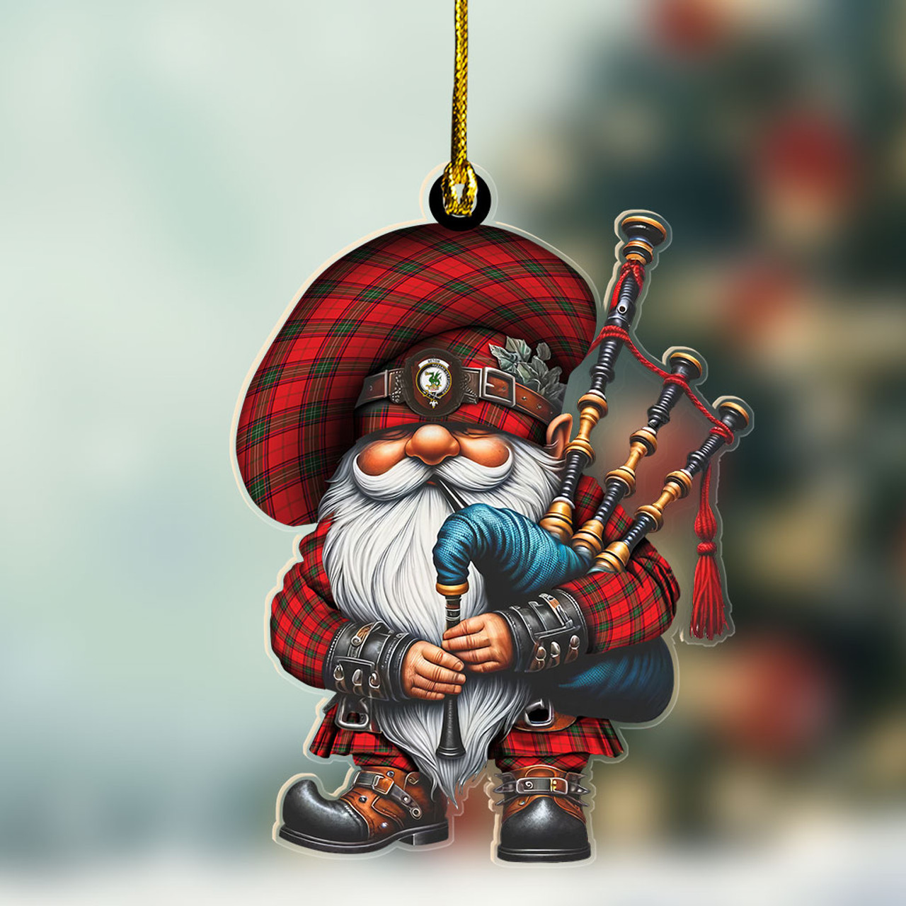ScotsTee Shop Scottish Seton Crest Tartan Bagpiper Gnome, Scottish Gnome with Bagpipes Ornament