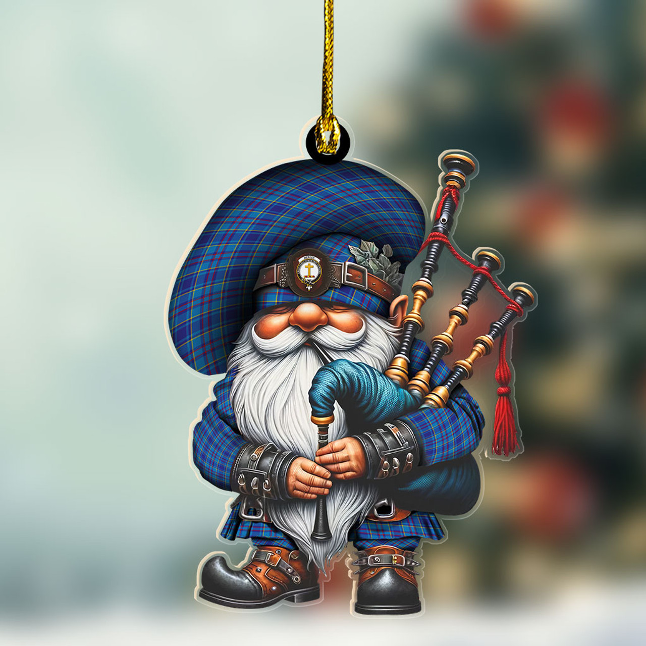 ScotsTee Shop Scottish Mercer Crest Tartan Bagpiper Gnome, Scottish Gnome with Bagpipes Ornament