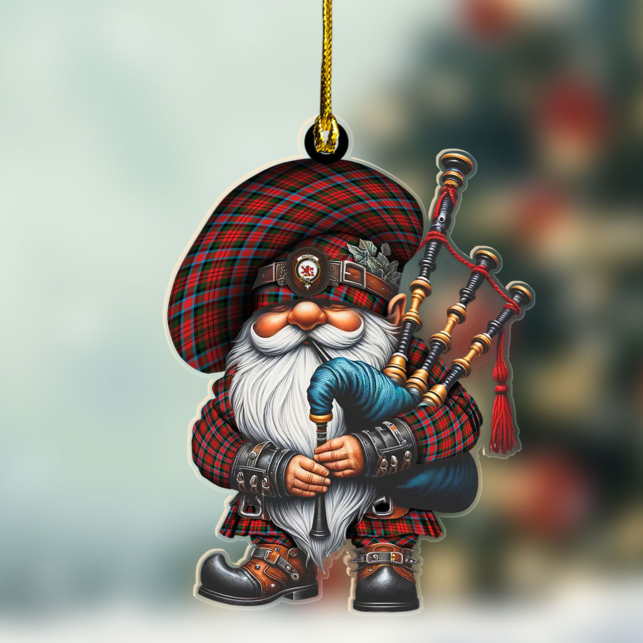 ScotsTee Shop Scottish MacDuff Crest Tartan Bagpiper Gnome, Scottish Gnome with Bagpipes Ornament