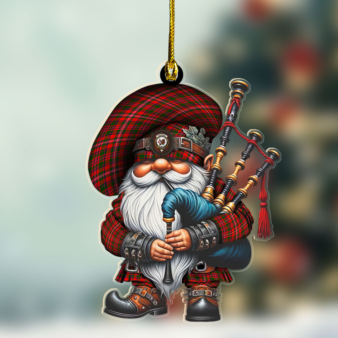 ScotsTee Shop Scottish MacKinnon Crest Tartan Bagpiper Gnome, Scottish Gnome with Bagpipes Ornament