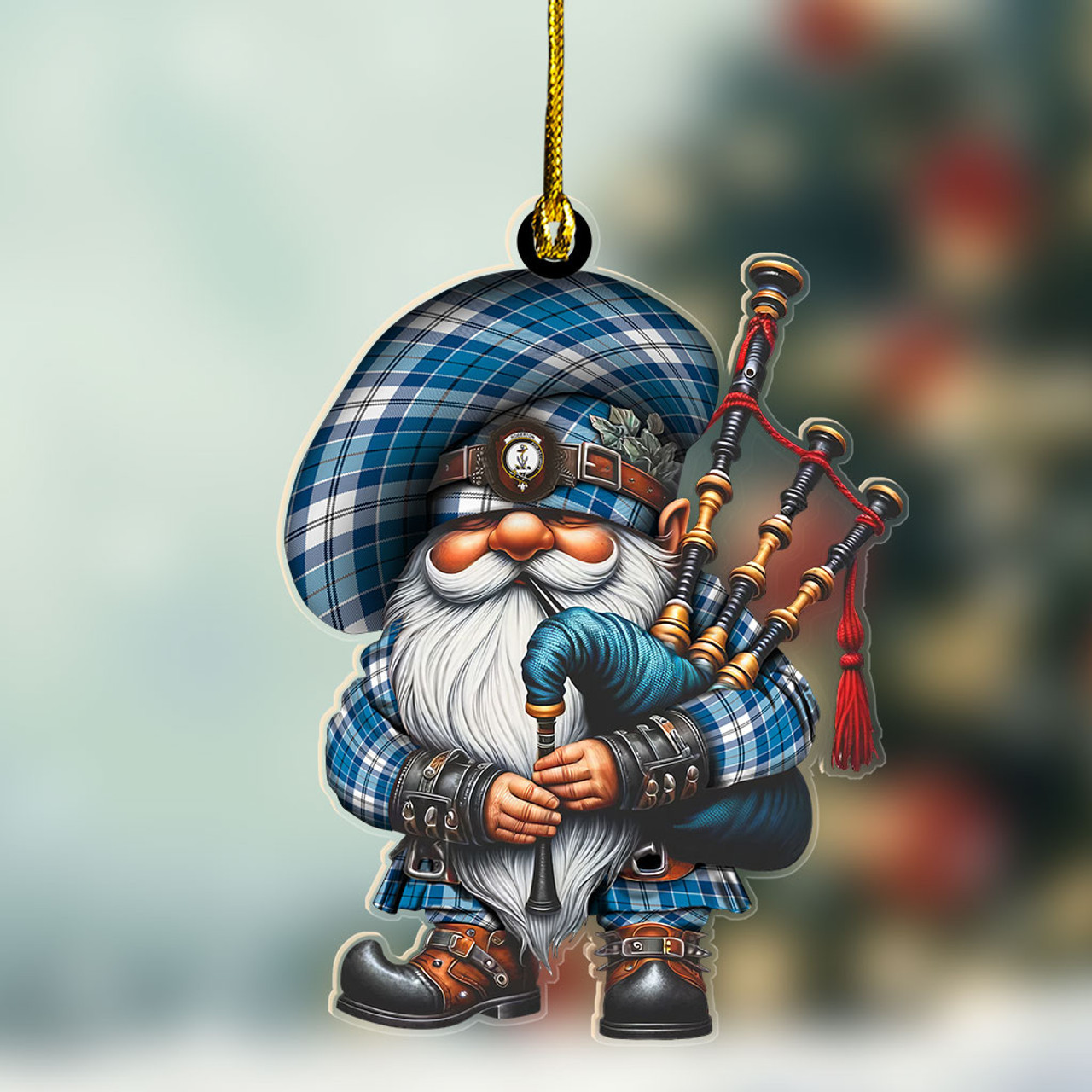 ScotsTee Shop Scottish Roberton Crest Tartan Bagpiper Gnome, Scottish Gnome with Bagpipes Ornament