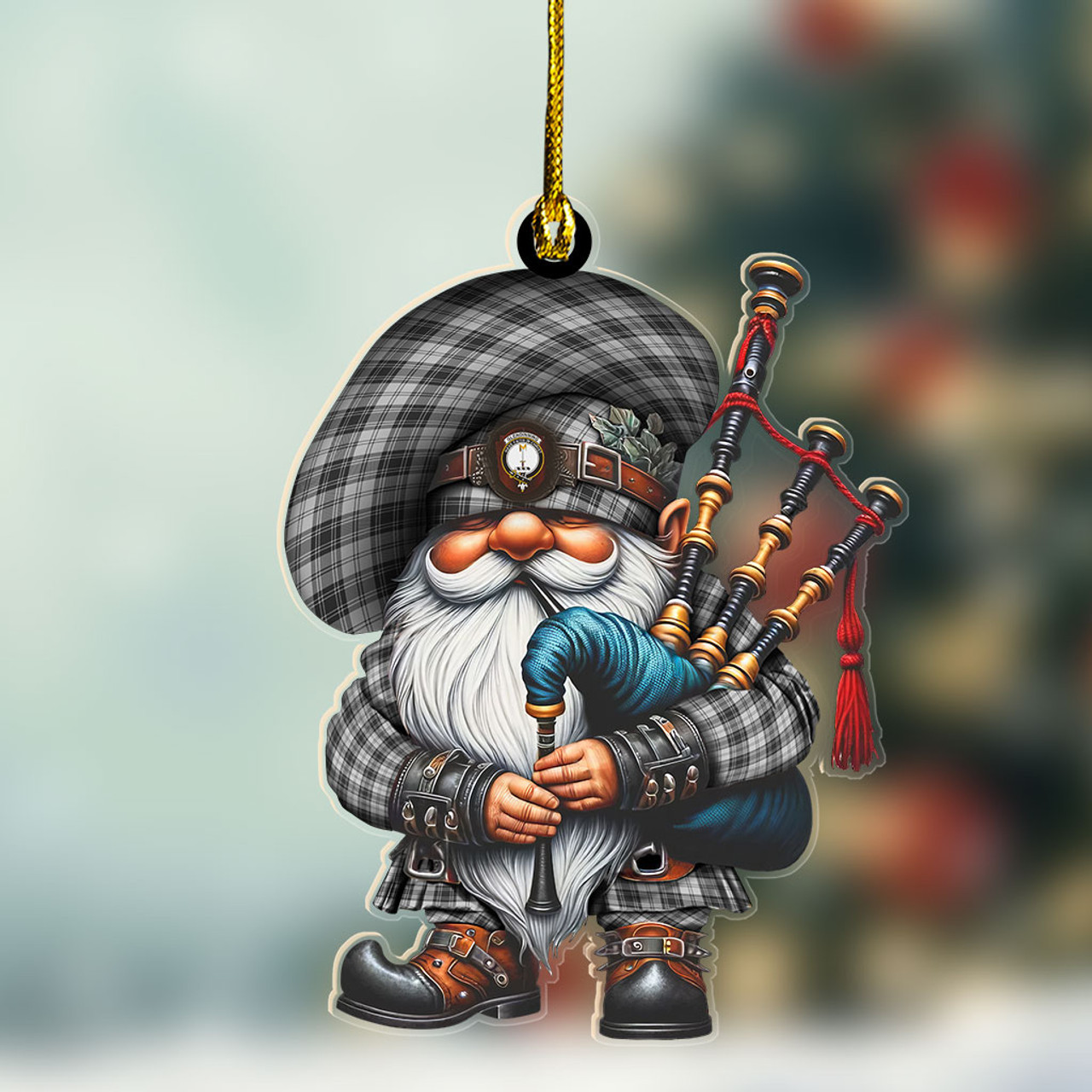 ScotsTee Shop Scottish Glendinning Crest Tartan Bagpiper Gnome, Scottish Gnome with Bagpipes Ornament