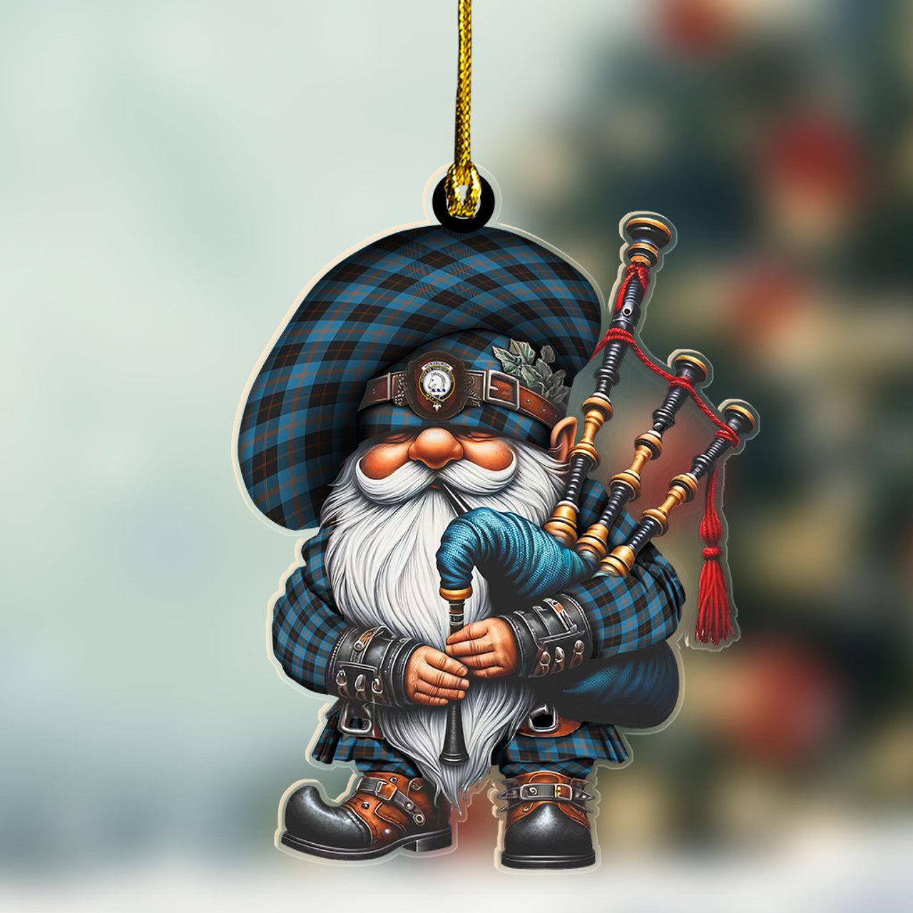 ScotsTee Shop Scottish Horsburgh Crest Tartan Bagpiper Gnome, Scottish Gnome with Bagpipes Ornament