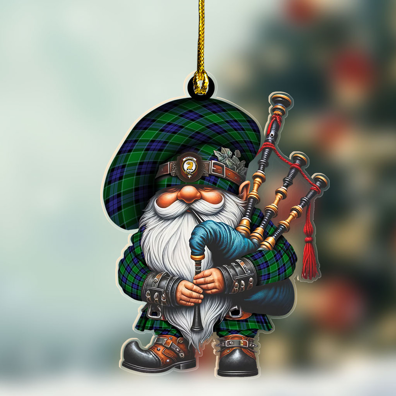 ScotsTee Shop Scottish Haldane Crest Tartan Bagpiper Gnome, Scottish Gnome with Bagpipes Ornament