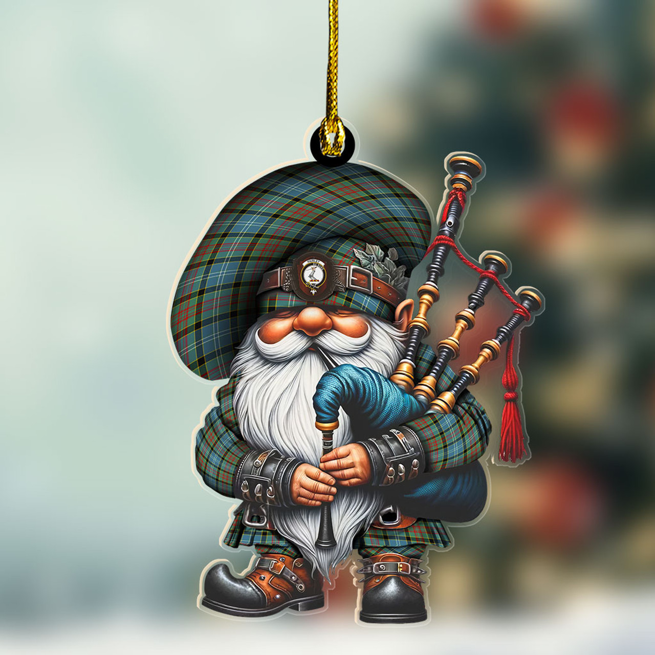 ScotsTee Shop Scottish Paisley Crest Tartan Bagpiper Gnome, Scottish Gnome with Bagpipes Ornament