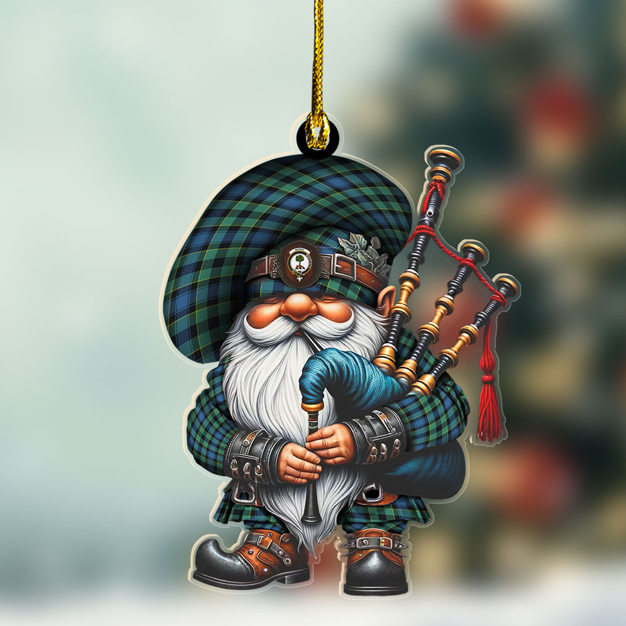 ScotsTee Shop Scottish Mowat (of Inglistoun) Crest Tartan Bagpiper Gnome, Scottish Gnome with Bagpipes Ornament