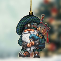 ScotsTee Shop Scottish Mowat (of Inglistoun) Crest Tartan Bagpiper Gnome, Scottish Gnome with Bagpipes Ornament