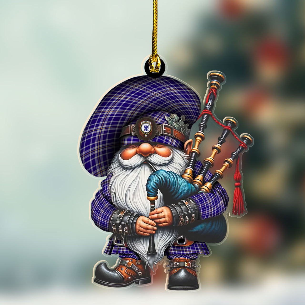 ScotsTee Shop Scottish Ochterlony Crest Tartan Bagpiper Gnome, Scottish Gnome with Bagpipes Ornament