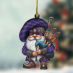 ScotsTee Shop Scottish Ochterlony Crest Tartan Bagpiper Gnome, Scottish Gnome with Bagpipes Ornament