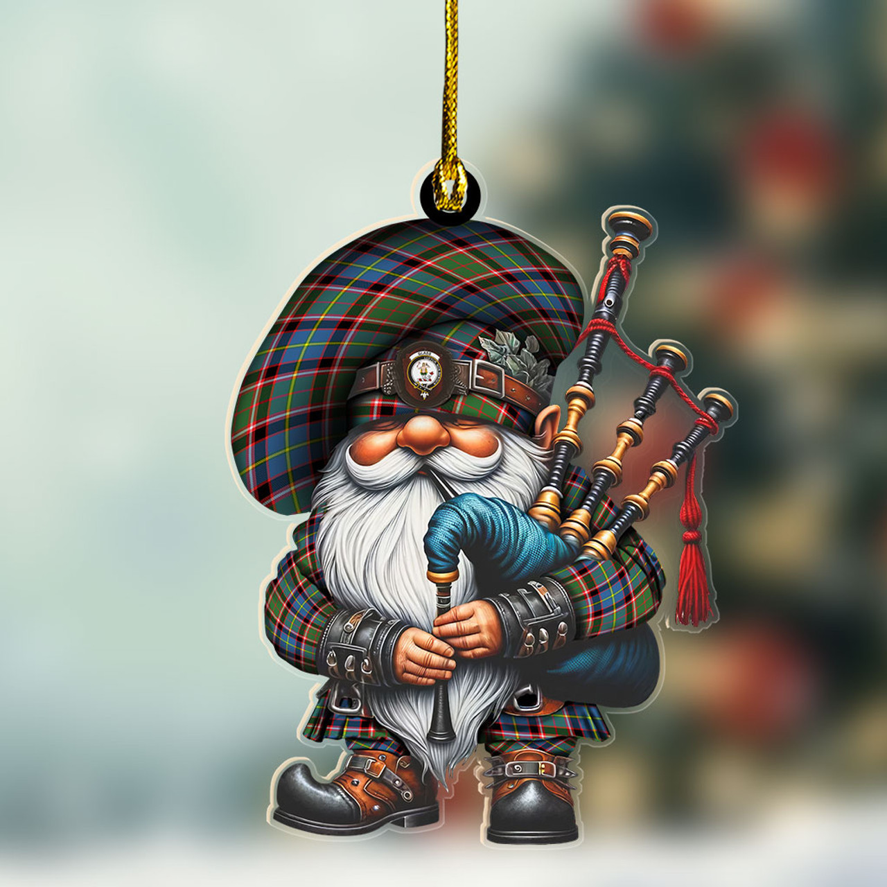 ScotsTee Shop Scottish Glass Crest Tartan Bagpiper Gnome, Scottish Gnome with Bagpipes Ornament