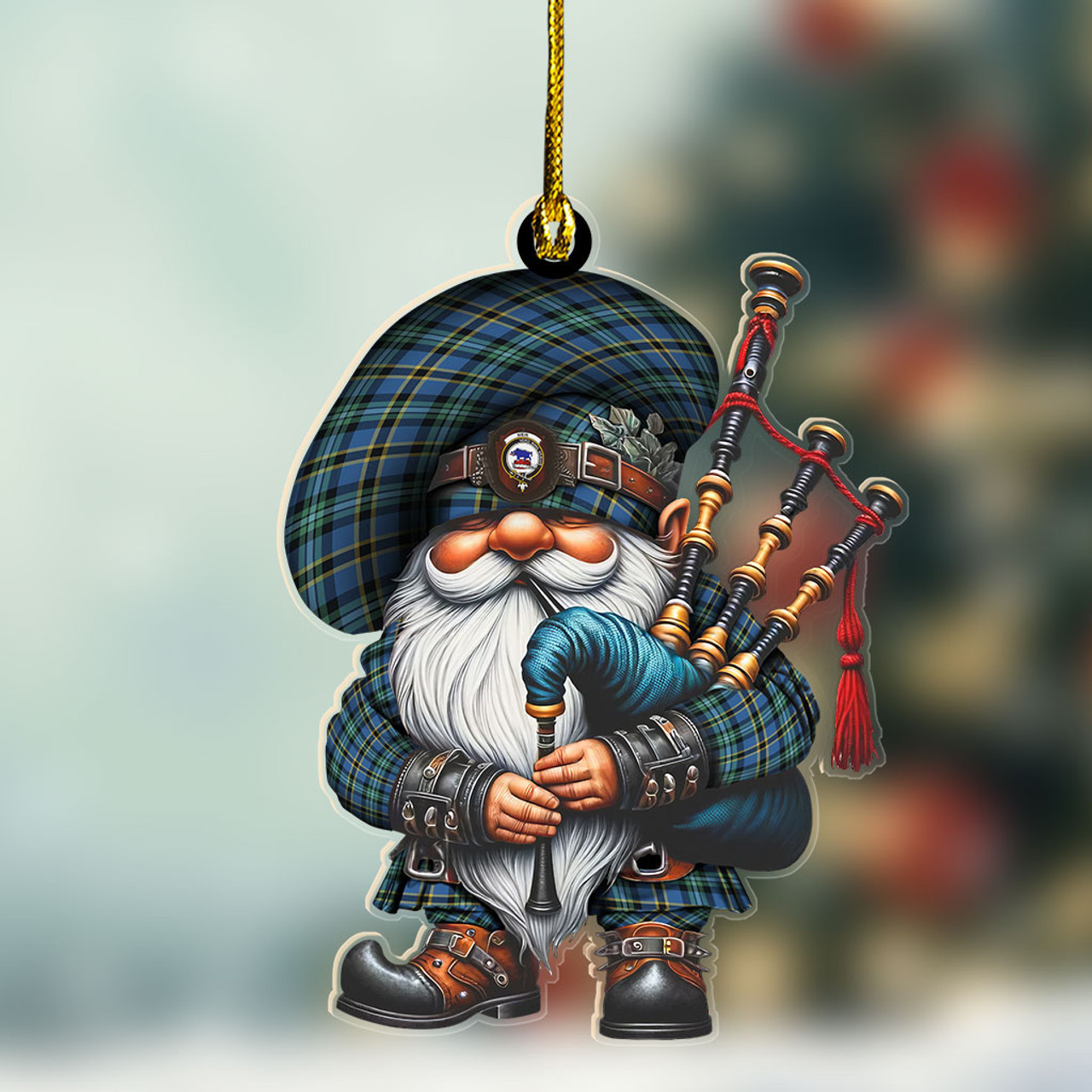 ScotsTee Shop Scottish Weir Crest Tartan Bagpiper Gnome, Scottish Gnome with Bagpipes Ornament