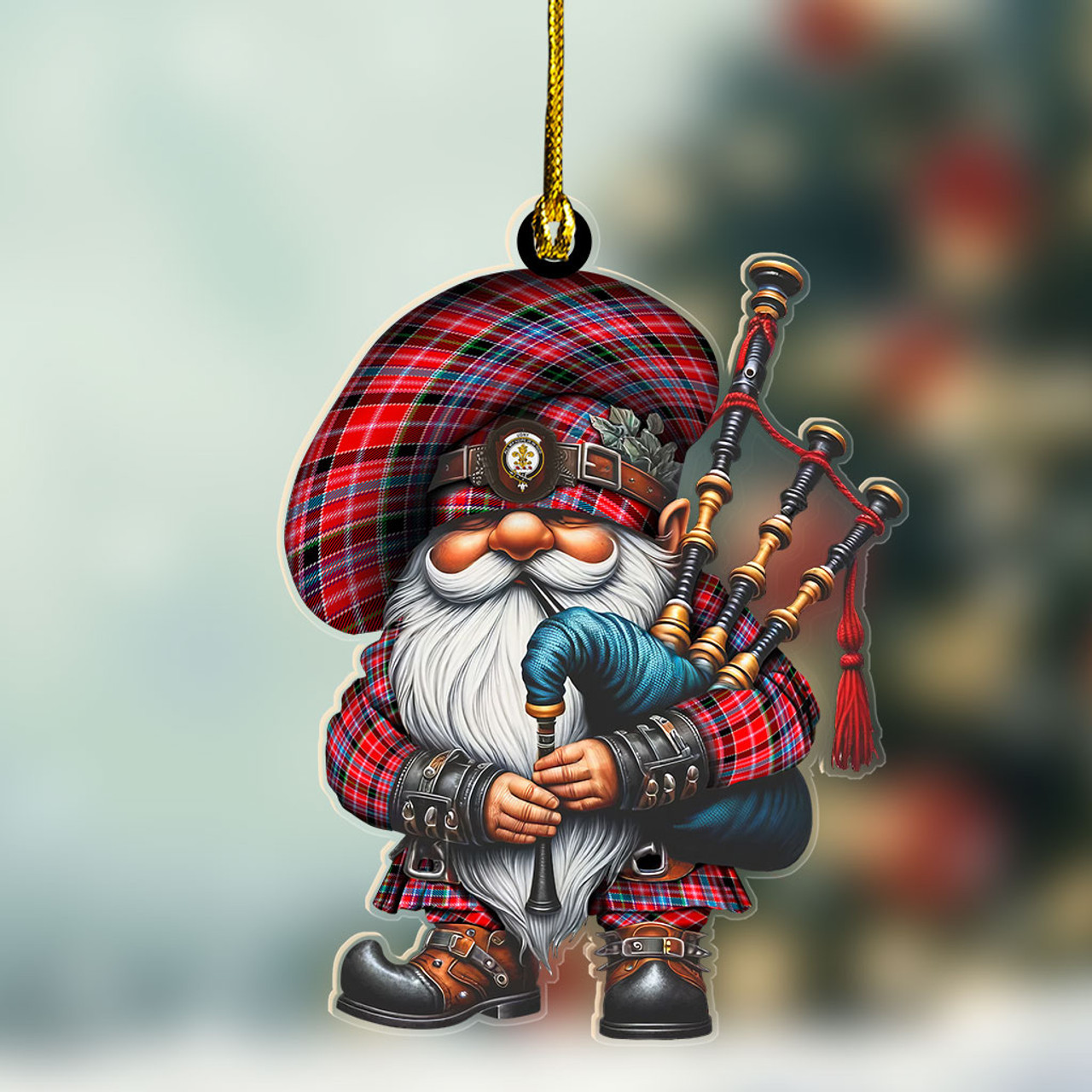 ScotsTee Shop Scottish Udny Crest Tartan Bagpiper Gnome, Scottish Gnome with Bagpipes Ornament