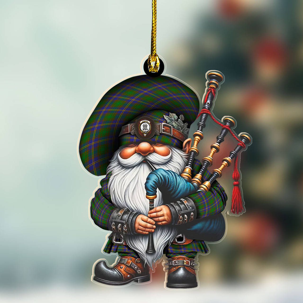 ScotsTee Shop Scottish Strange (or Strang) Crest Tartan Bagpiper Gnome, Scottish Gnome with Bagpipes Ornament