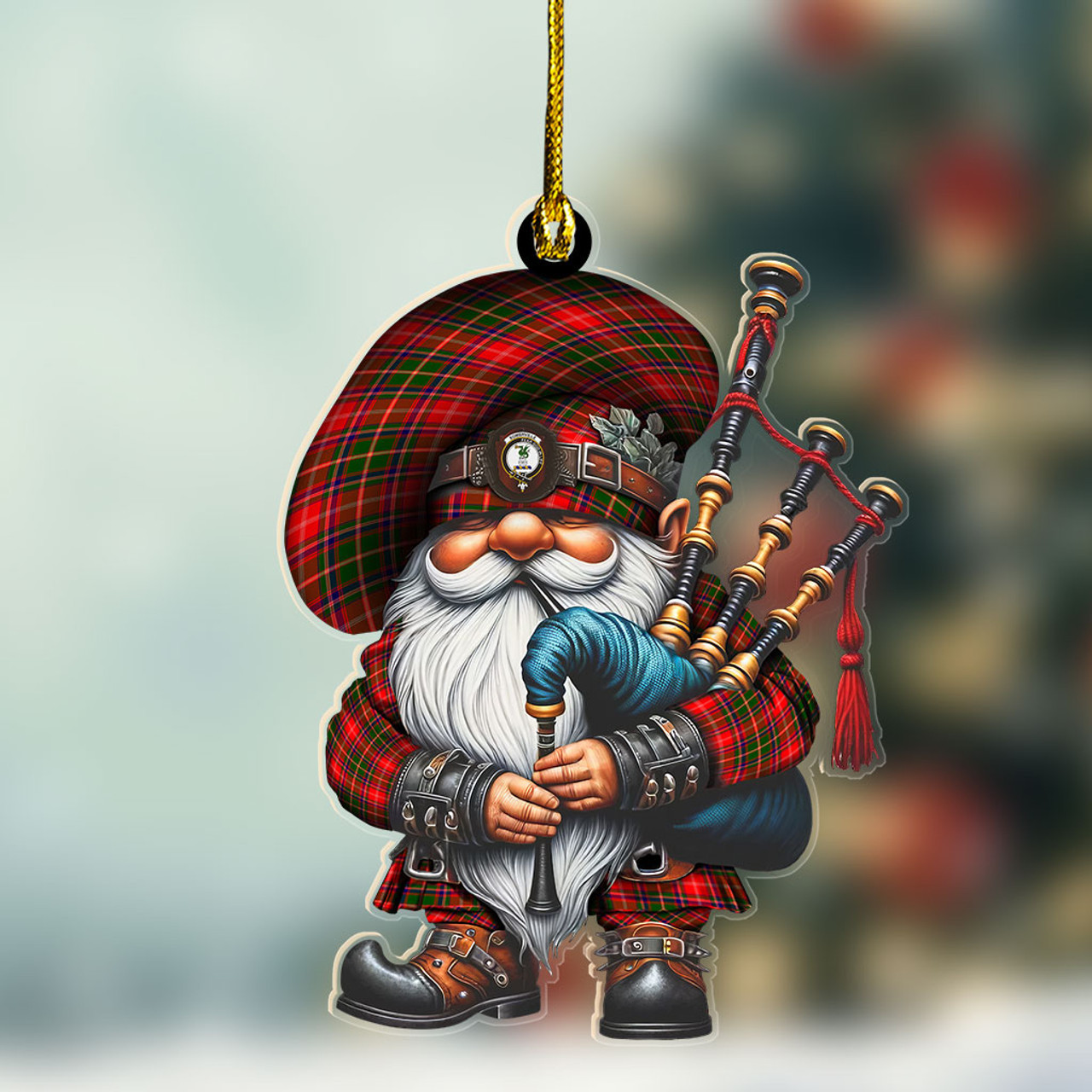 ScotsTee Shop Scottish Somerville Crest Tartan Bagpiper Gnome, Scottish Gnome with Bagpipes Ornament