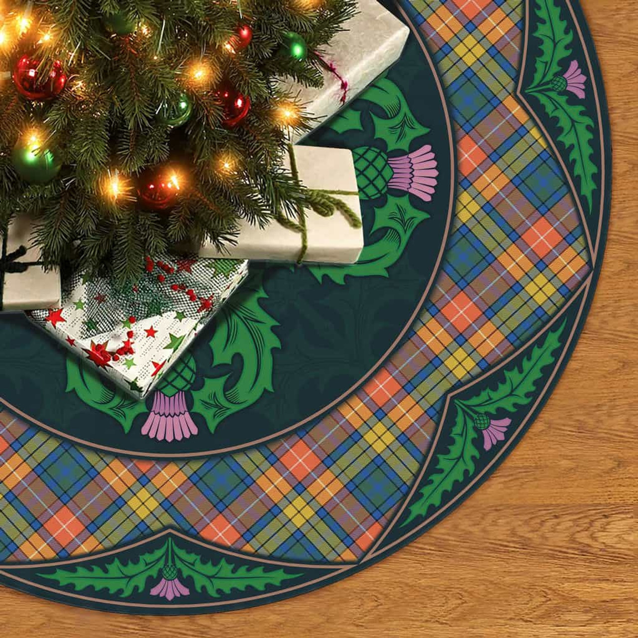 ScotsTee Shop Scottish Buchanan Ancient Clan Scottish Thistle Flower Round Leaf Tartan Christmas Tree Skirt