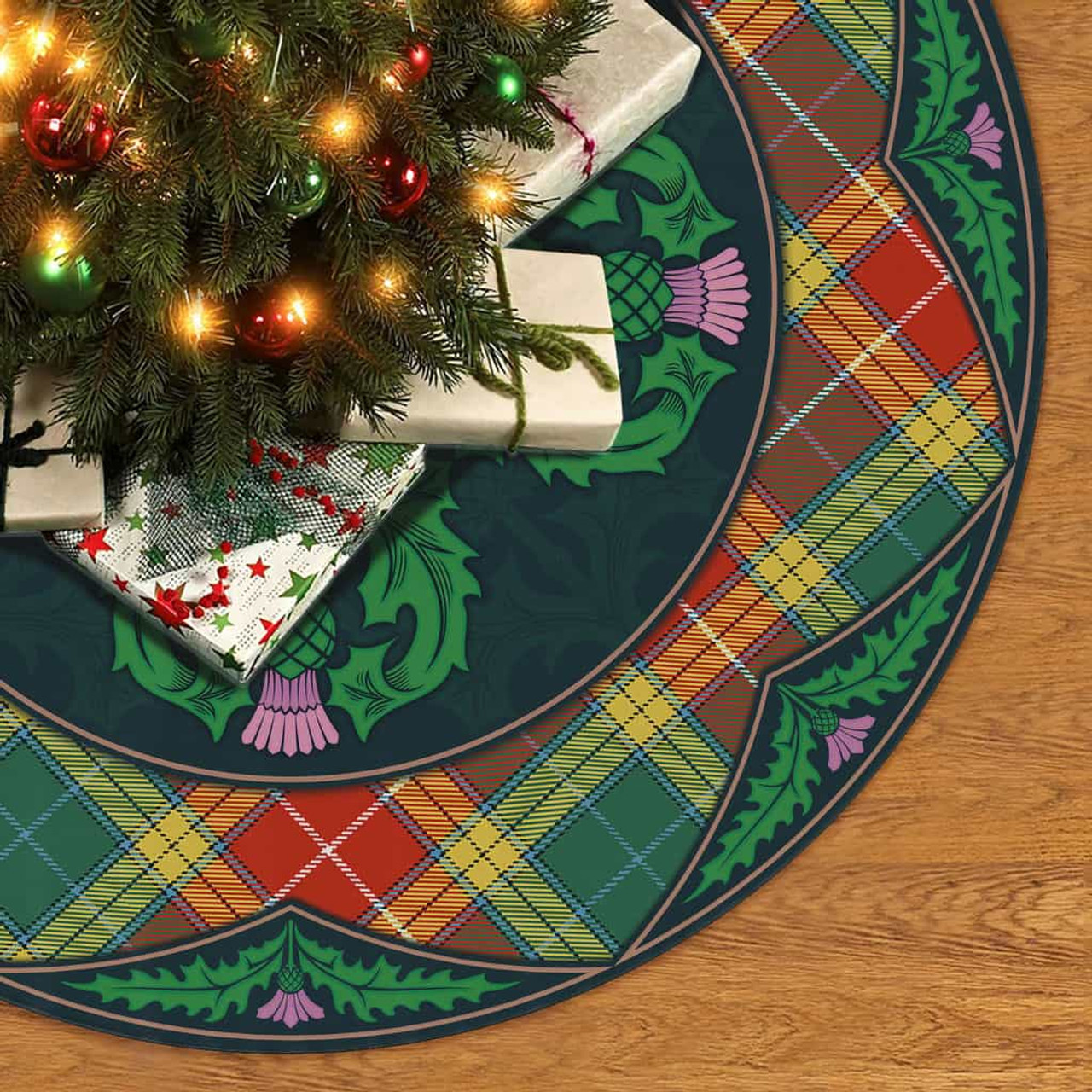 ScotsTee Shop Scottish Buchanan Old Sett Clan Scottish Thistle Flower Round Leaf Tartan Christmas Tree Skirt