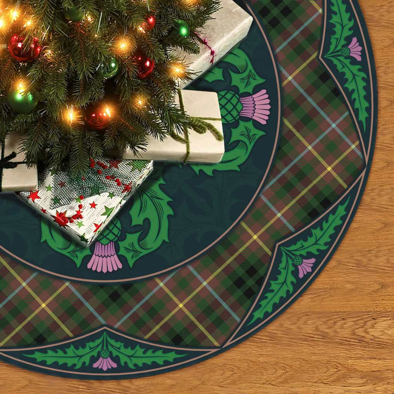 ScotsTee Shop Scottish Buchanan Hunting Clan Scottish Thistle Flower Round Leaf Tartan Christmas Tree Skirt