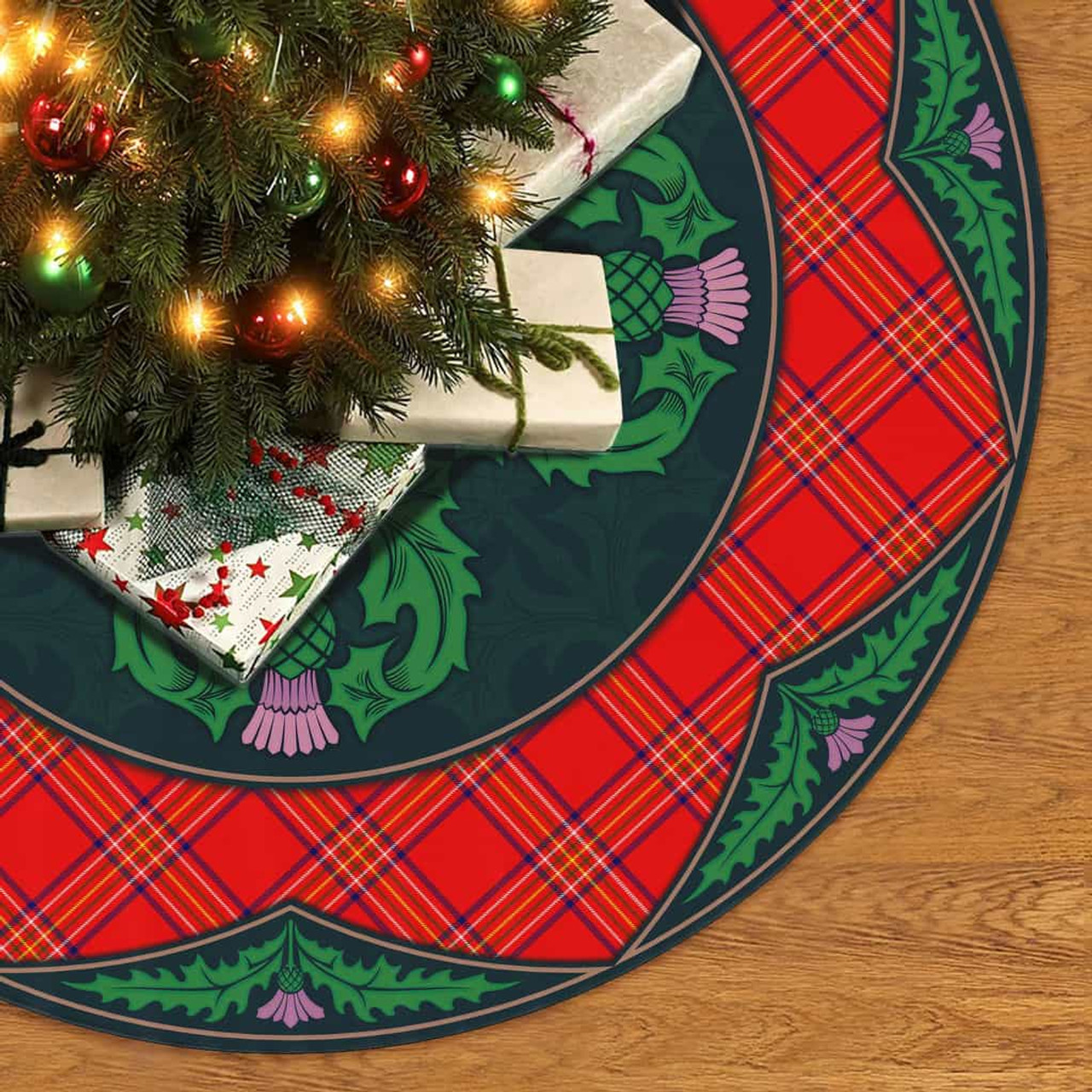 ScotsTee Shop Scottish Burnett Modern Clan Scottish Thistle Flower Round Leaf Tartan Christmas Tree Skirt