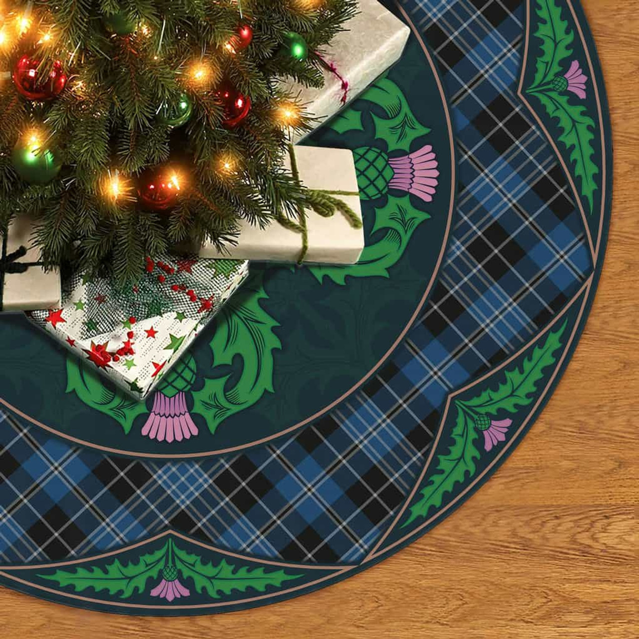 ScotsTee Shop Scottish Clergy Blue Clan Scottish Thistle Flower Round Leaf Tartan Christmas Tree Skirt