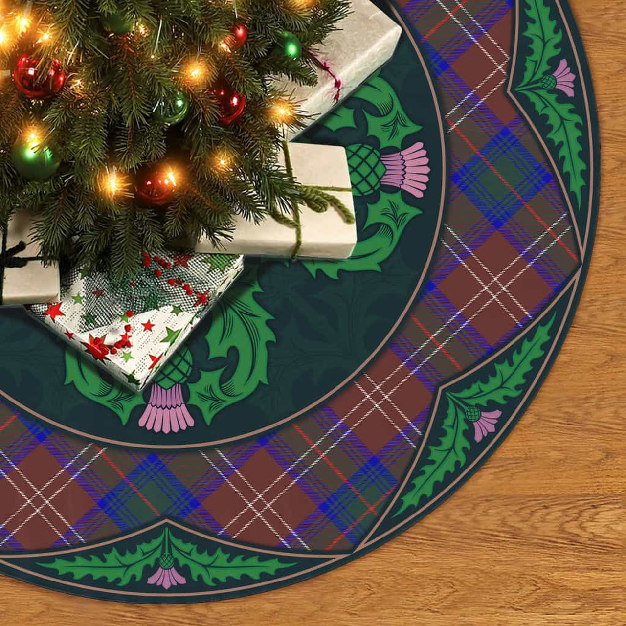 ScotsTee Shop Scottish Chisholm Hunting Modern Clan Scottish Thistle Flower Round Leaf Tartan Christmas Tree Skirt