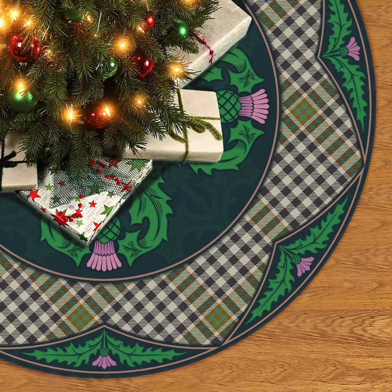 ScotsTee Shop Scottish Burns Check Clan Scottish Thistle Flower Round Leaf Tartan Christmas Tree Skirt