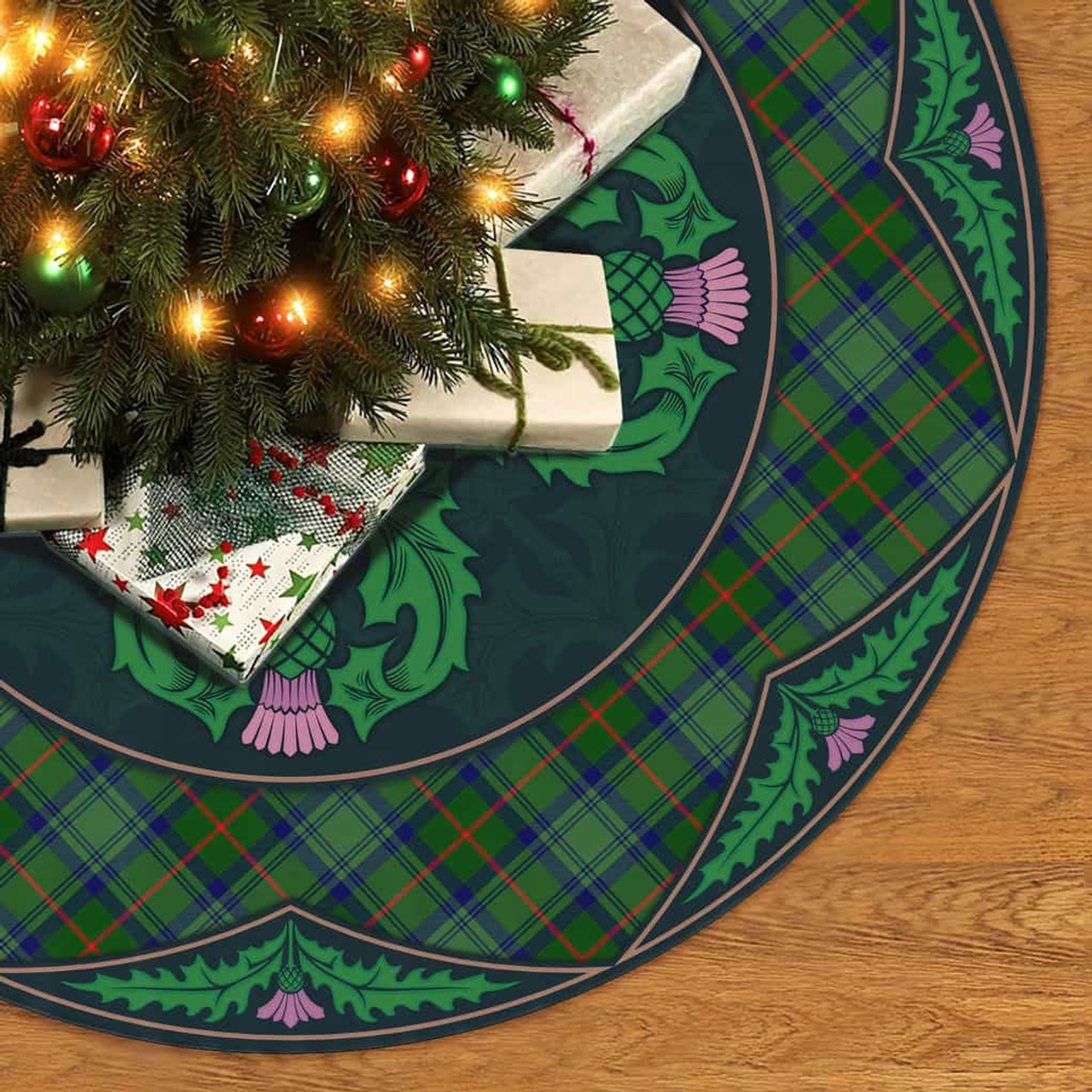 ScotsTee Shop Scottish Cranstoun Clan Scottish Thistle Flower Round Leaf Tartan Christmas Tree Skirt