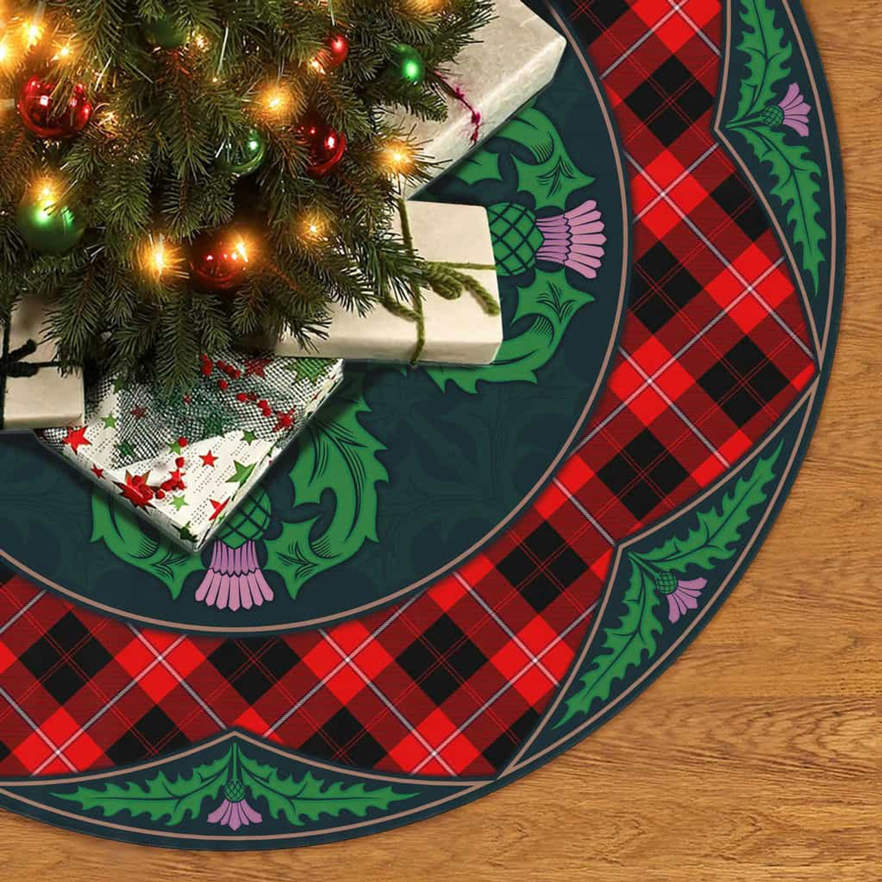 ScotsTee Shop Scottish Cunningham Modern Clan Scottish Thistle Flower Round Leaf Tartan Christmas Tree Skirt