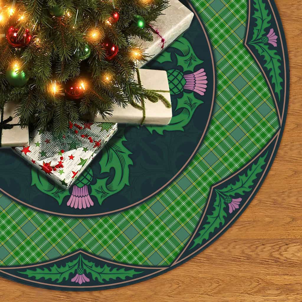 ScotsTee Shop Scottish Currie Clan Scottish Thistle Flower Round Leaf Tartan Christmas Tree Skirt