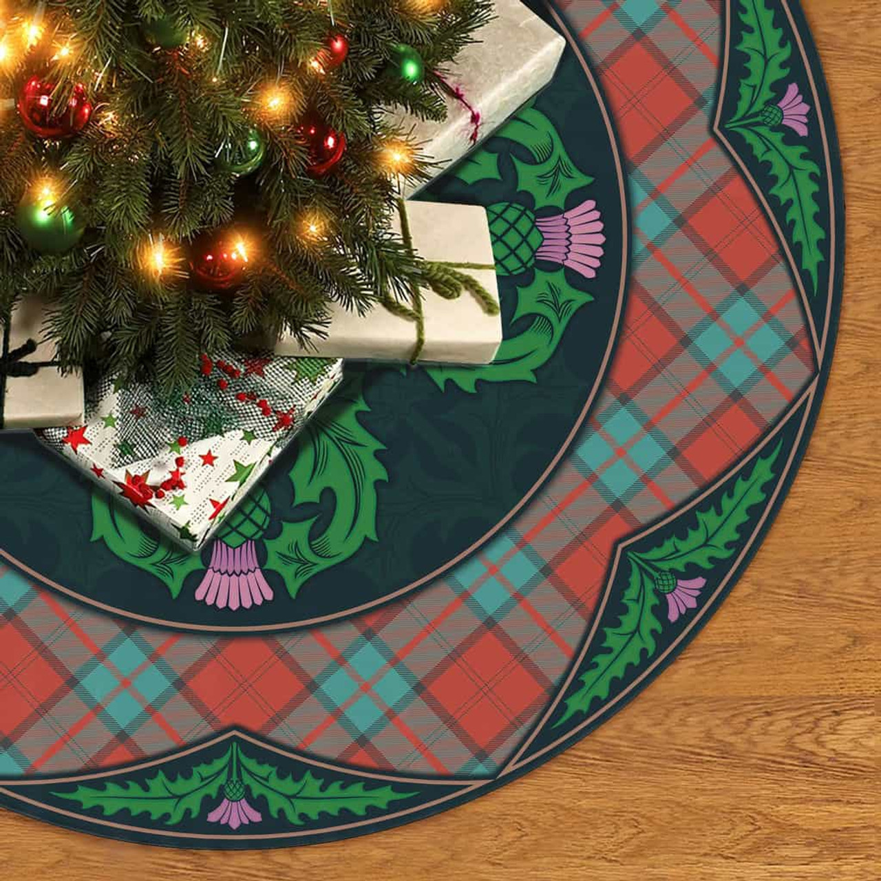 ScotsTee Shop Scottish Dunbar Ancient Clan Scottish Thistle Flower Round Leaf Tartan Christmas Tree Skirt