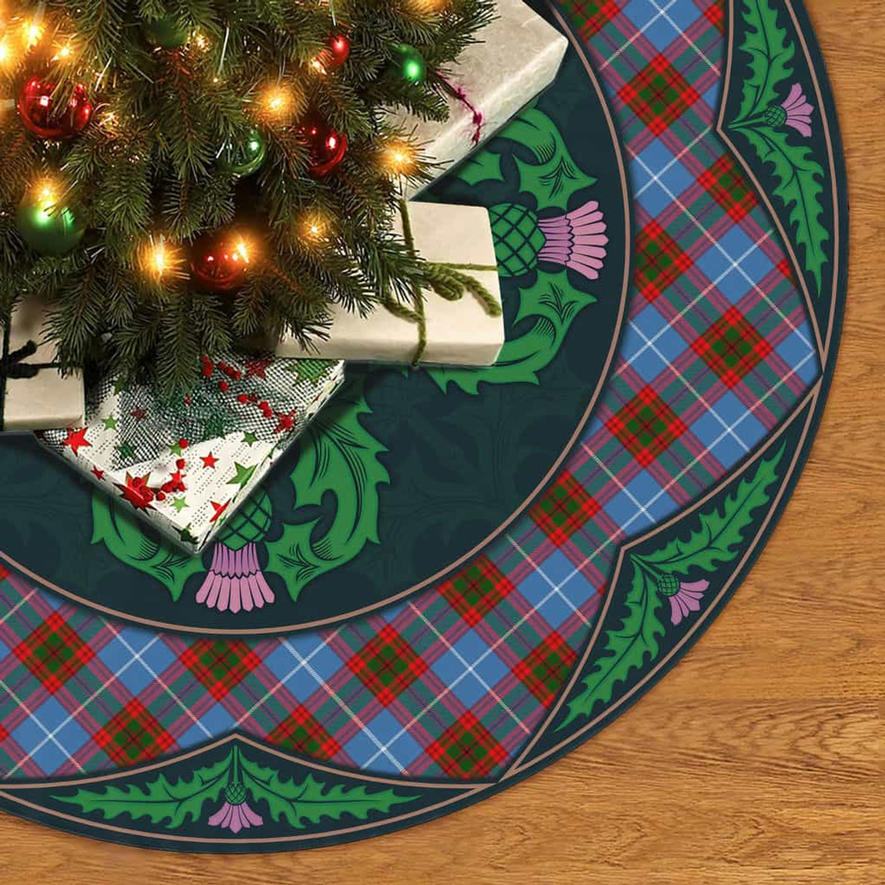 ScotsTee Shop Scottish Edinburgh District Clan Scottish Thistle Flower Round Leaf Tartan Christmas Tree Skirt