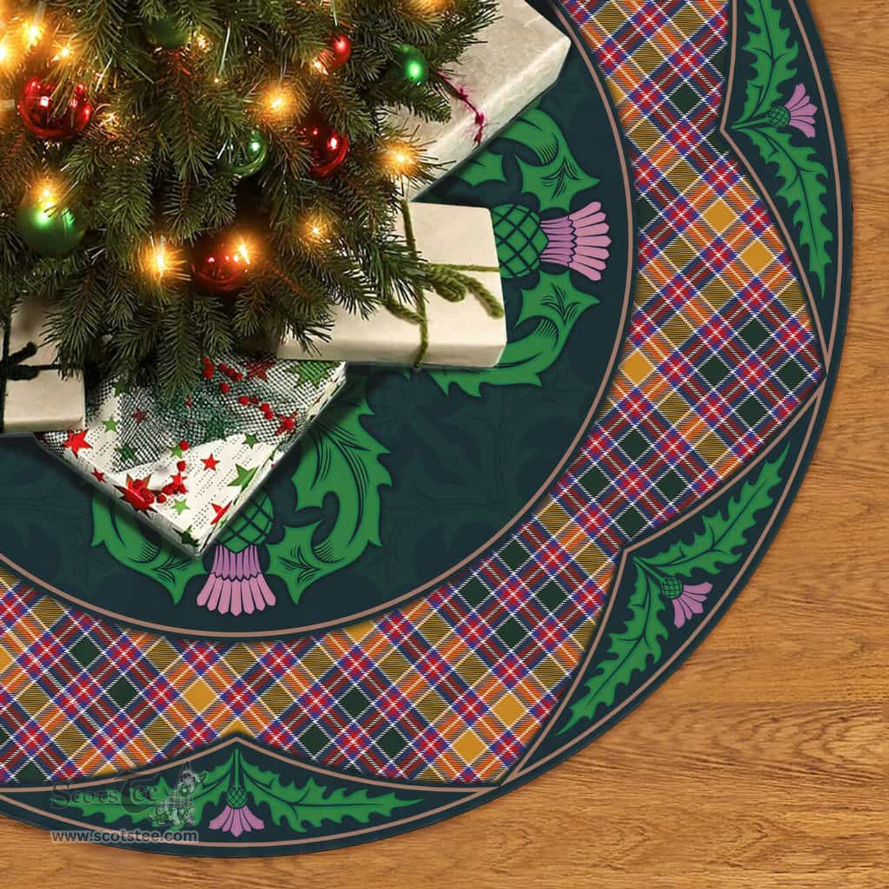 ScotsTee Shop Scottish Jacobite Clan Scottish Thistle Flower Round Leaf Tartan Christmas Tree Skirt