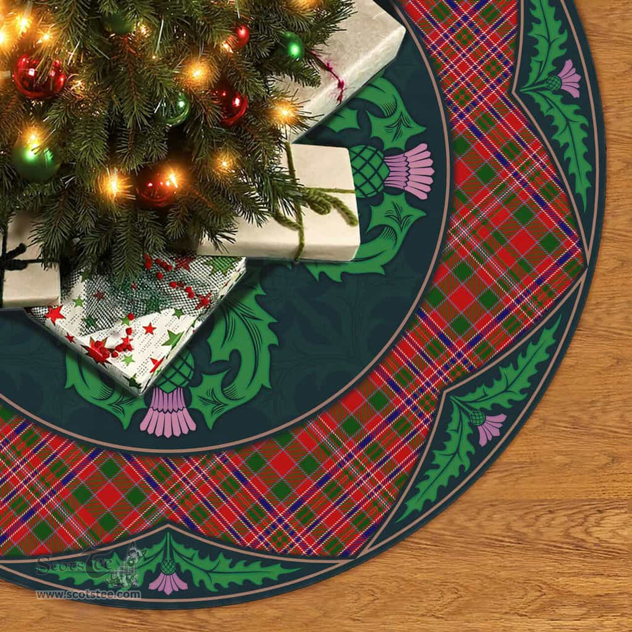 ScotsTee Shop Scottish MacAlister Modern Clan Scottish Thistle Flower Round Leaf Tartan Christmas Tree Skirt